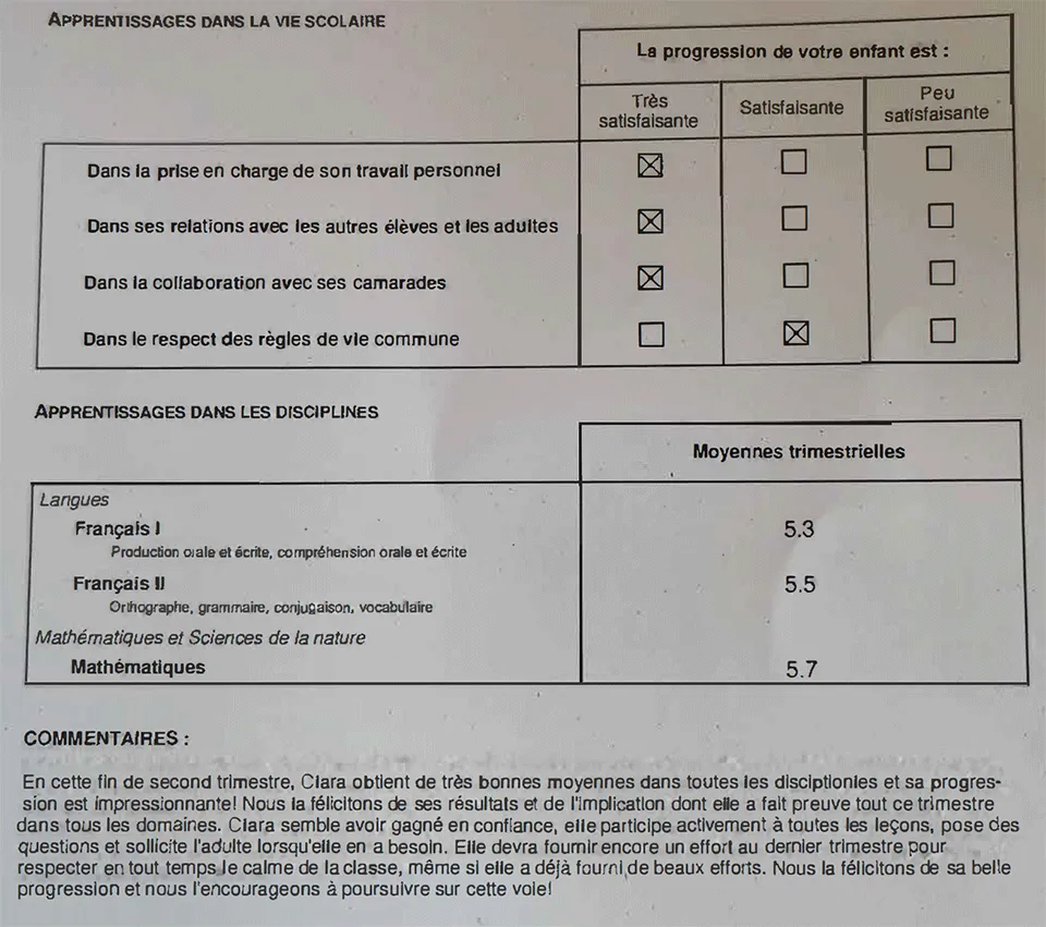 Clara's school report after