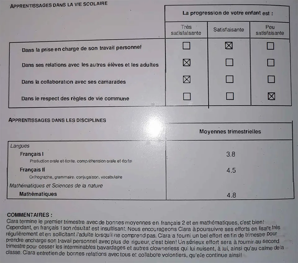 Clara's school report before